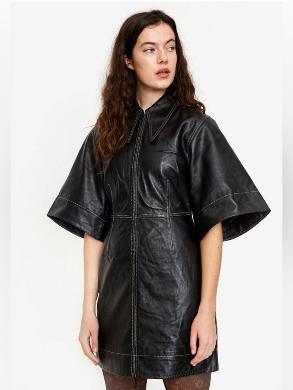 Ganni Black Short-Sleeve Leather Jacket Dress. Size EU40/US 6-8